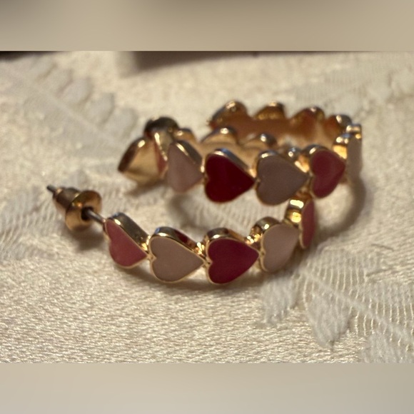 Pink & Red Heart Hoop Earrings w/ Gold Tone NWT - Picture 6 of 6